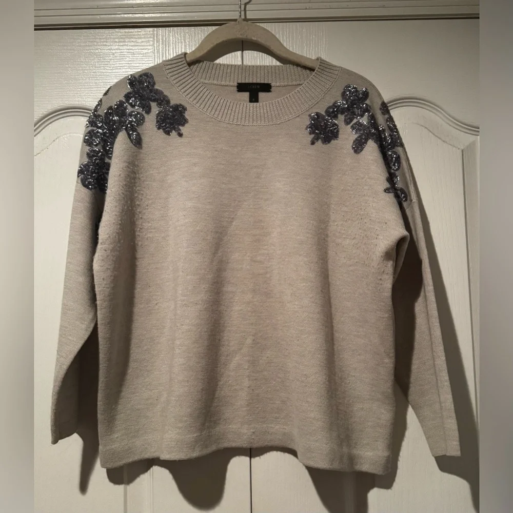 J. Crew Gray Merino Wool Boxy Sweater with Silver Sequin Detail - Size S